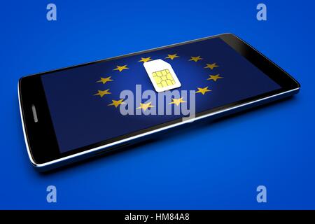 Mobile Phone and sim card, abolition of roaming in the European Union. Europe flag Stock Photo