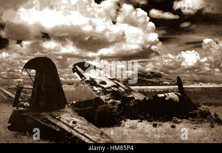 Infra red view of wrecked Jap plane near Angeles, Pampanga, on Luzon, P.I.  In the background is Mt. Arayat, some 10 to 15 miles away.  May 29, 1945.  S.Sgt. Harry Young.  (Army) NARA FILE #:  111-SC-209733 WAR & CONFLICT BOOK #:  1319 Stock Photo