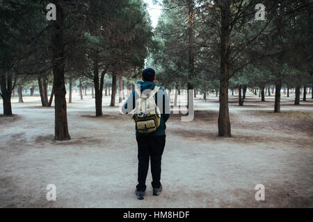 Young traveler trekking into the woods with backpack along the path Stock Photo