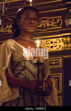 London, UK. 31 January 2017. Mercy Ojelade (Isabella). The White Devil written by John Webster and directed by Annie Ryan opens at The Sam Wanamaker Playhouse for a run until 16 April 2017. Stock Photo