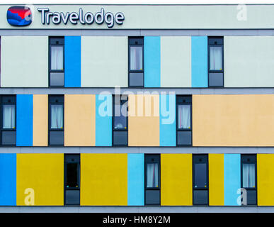 The multi-coloured Travelodge building is a notable landmark in central Maidstone, Kent Stock Photo