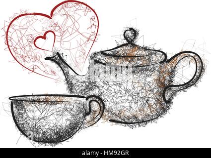 teapot and mug and red hearts isolated on white Stock Vector