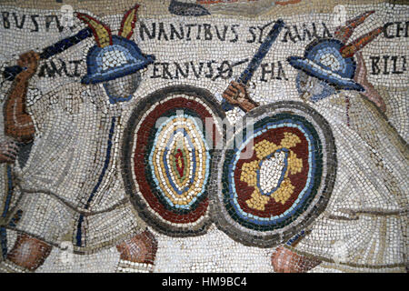 gladiator fight. Mosaic. 3rd century. Rome. Two Eques flanked by two ...