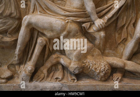 Sarcophagus of the Oresteia. Marble. 2nd century. Husillos (Palencia). Tragic myth of revenge of Orestes. Aegisthus killed by Orestes. Detail. Nationa Stock Photo