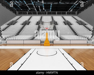 3D render of beautiful sports arena for basketball with floodlights and white seats and VIP boxes for ten thousand people Stock Photo