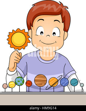 Illustration of a Little Boy Arranging the Planets of the Solar System Stock Photo