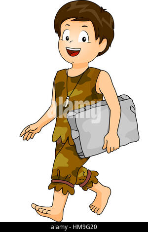 Illustration of a Little Boy Dressed as a Caveman Carrying a Block of Stone going to school Stock Photo