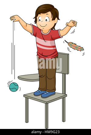 Illustration of a Little Boy Dropping a Ball and a Feather Simultaneously Stock Photo