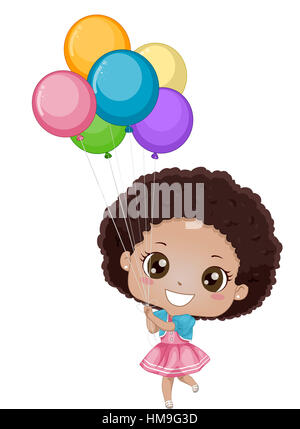 Illustration of a Little African Girl Holding on to Colorful Balloons Stock Photo