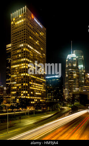 Beautiful Los Angeles downtown at night from Freeway 2 Photo Taken on Oct.29.2016 in  LA, USA Stock Photo