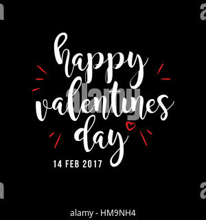 Happy Valentine's Day White Type Vector Greeting Sticker Icon, Black Background. Stock Photo