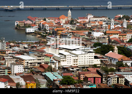 Panama City, Panama, Old part of town, Casco Viejo, seen from Ancon Hill. Casco Antiguo Historic Town Panama City Central America old town houses. Cas Stock Photo