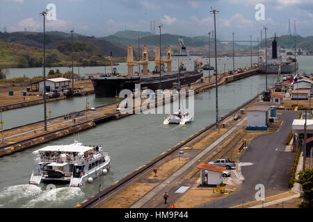Gatun Lock in the Panama Canal December 1999 before United States returned sovereignty to Panama. The Panama Canal locks is a lock system that lifts a Stock Photo