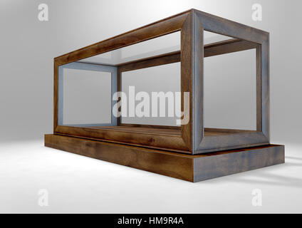 An empty glass display case with a wooden base and frame on an isolated studio background - 3D rendering Stock Photo
