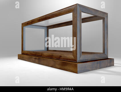 An empty glass display case with a wooden base sitting on a white shelf ...