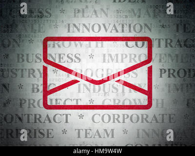 Business concept: Painted red Email icon on Digital Data Paper background with  Tag Cloud Stock Photo