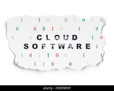 Cloud networking concept: Painted black text Cloud Software on Torn Paper background with  Binary Code Stock Photo