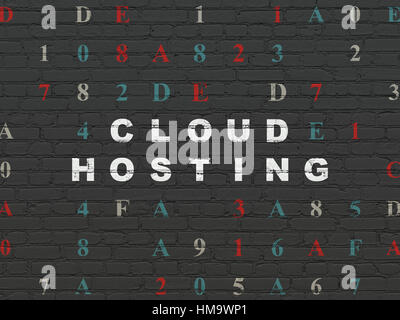 Cloud networking concept: Painted white text Cloud Hosting on Black Brick wall background with Hexadecimal Code Stock Photo