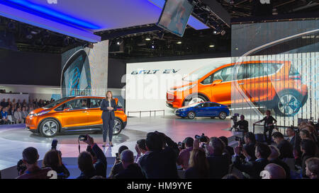 GM CEO Mary Barra / 2016 Chevrolet Bolt EV concept at the North American International Auto Show (NAIAS). Stock Photo