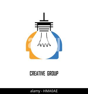 Creative light bulb and Human heads vector design banner template.Corporate business and industrial creative logotype symbol.Brainstorming Stock Vector