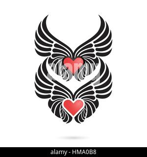 Heart logo with angel wings on background.Happy Valentines day lettering card.Happy holiday concept.Vector illustration. Stock Vector