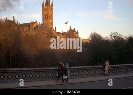 Glasgow, Scotland, Uk 1st February Glasgow University once more is raising the Rainbow Flag in celebration of LGBT History Month. The large Rainbow Flag will be flown for the first week on the main South Front flag pole which gives it great exposure. Credit: Gerard Ferry/Alamy Live News Stock Photo