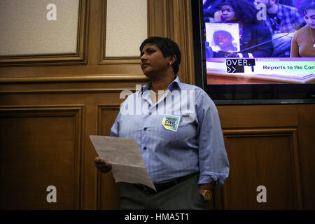 San Francisco, California, USA. 1st Feb, 2017. ANUSHKA FERNANDOPULLE waits in line before speaking at public comment at an SFPD Police Commission meeting in San Francisco, California. SFPD announced it has suspended its participation with the FBI's Joint Terrorism Task Force. Credit: Joel Angel Juarez/ZUMA Wire/Alamy Live News Stock Photo