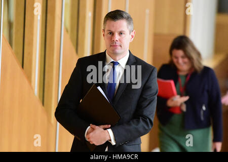 Edinburgh, Scotland, UK. 2nd Feb, 2017. Finance Secretary Derek Mackay on the way to First Minister's Questions in the Scottish Parliament, ahead of the crucial Stage 1 budget debate later in the day, Credit: Ken Jack/Alamy Live News Stock Photo