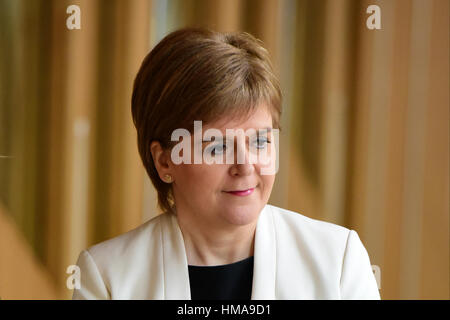 Edinburgh, Scotland, UK. 2nd Feb, 2017. Nicola Sturgeon on the way to First Minister's Questions in the Scottish Parliament, ahead of the crucial Stage 1 budget debate later in the day, Credit: Ken Jack/Alamy Live News Stock Photo