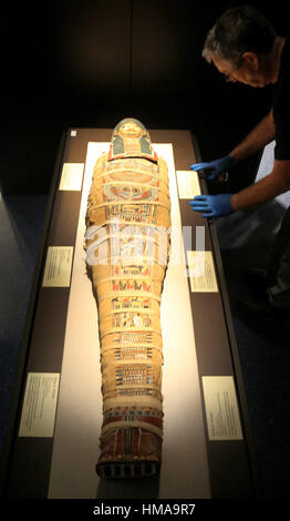 Ft. Lauderale, FL, USA. 1st Feb, 2017. Terry White, the traveling exhibit manager places Annie the Mummy in her display. The Museum of Discovery and Science has a new exhibit Lost Egypt: Ancient Secrets, Modern Science that will open on this Saturday, February 4. The interactive display features Annie the mummy. The Egyptian mummy is on loan from the Academy of Natural Sciences of Drexel University. Mike Stocker, South Florida Sun-Sentinel Credit: Sun-Sentinel/ZUMA Wire/Alamy Live News Stock Photo