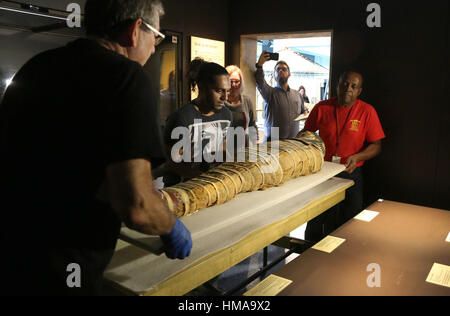 Ft. Lauderale, FL, USA. 1st Feb, 2017. Terry White, the traveling exhibit manager, Rick Hosein, his assistant and Beecher Davis, the exhibit manager place Annie the Mummy in her display. The Museum of Discovery and Science has a new exhibit Lost Egypt: Ancient Secrets, Modern Science that will open on this Saturday, February 4. The interactive display features Annie the mummy. The Egyptian mummy is on loan from the Academy of Natural Sciences of Drexel University. Mike Stocker, South Florida Sun-Sentinel Credit: Sun-Sentinel/ZUMA Wire/Alamy Live News Stock Photo