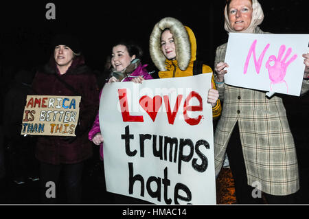 Belfast, Northern Ireland. 02 Feb 2017 - A crowd of around 300 people gathered at the US Consulate General in Belfast to protest against the Presidency of Donald Trump.