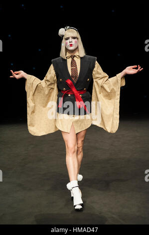 Spain, Barcelona. 2nd Feb, 2017. A model walks the runway for the 'Brain & Beast' collection at the Barcelona 080 Fashion Week Autumn/Winter 2016/2017 at 'Teatre Nacional de Catalunya' Credit: Charlie Perez/Alamy Live News Stock Photo