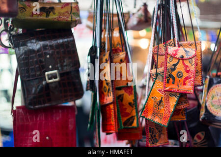 Handicraft leather bags for sale Stock Photo