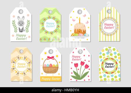 Cute Easter tags set. Labels collection with  rabbit, eggs and flowers. Spring templates for your design. Vector illustration. Stock Vector