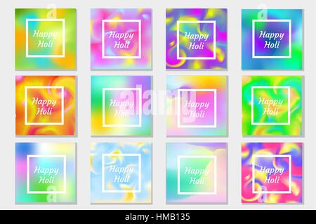 Happy Holi festival in India set greeting card, poster, flyer, invitation. Templates for your design. Collection multicolored gradient mesh backgrounds. Vector illustration. Stock Vector