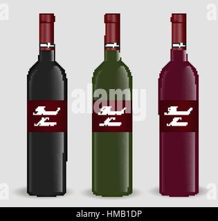 Realistic wine bottle set. Isolated on white background. 3d glass bottles mock-up. Vector illustration. Stock Vector