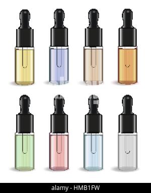 Realistic Essential oil or herbal medicine package isolated on white background. Essence mock-up product bottle. Cosmetics 3d flacon. Transparent vape liquid . Vector illustration Stock Vector