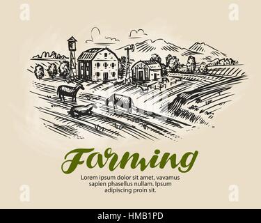 Farm sketch. Agriculture, farming vector illustration Stock Vector