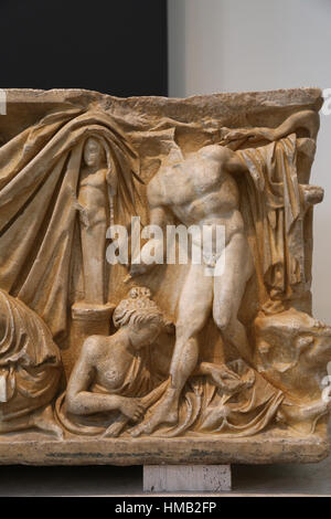 Sarcophagus of the Oresteia. Marble. 2nd century. Husillos (Palencia). Tragic myth of revenge of Orestes. Orestes being purified in the temple of Apol Stock Photo