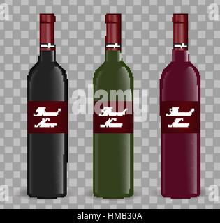 Realistic wine bottle set. Isolated on white background. 3d glass bottles mock-up. Vector illustration Stock Vector