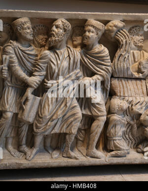 Sarcophagus from Astorga. Detail: Saint Peter's arrest. Marble. Circa 310. Early Christianity. Spain. National Archaeological Museum, Madrid. Spain. Stock Photo
