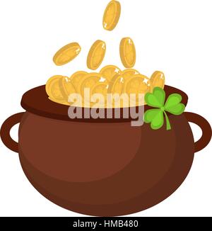 Cauldron with coins, icon flat style. St. Patrick s Day symbol. Isolated on white background. Vector illustration. Stock Vector