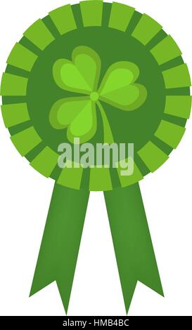 Green medal with clover, icon flat style. St. Patrick s Day symbol. Isolated on white background. Vector illustration Stock Vector