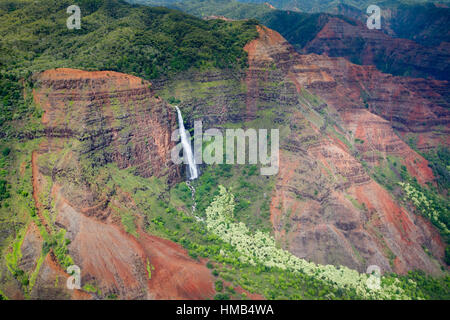 Aerial view of Waipoo Falls in the Waimea Canyon on Kauai, Hawaii, USA. Stock Photo