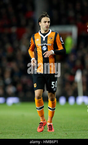 Hull City's Lazar Markovic during the Premier League match at Old Trafford, Manchester. PRESS ASSOCIATION Photo. Picture date: Wednesday February 1, 2017. See PA story SOCCER Man Utd. Photo credit should read: Martin Rickett/PA Wire. RESTRICTIONS: EDITORIAL USE ONLY No use with unauthorised audio, video, data, fixture lists, club/league logos or 'live' services. Online in-match use limited to 75 images, no video emulation. No use in betting, games or single club/league/player publications. Stock Photo