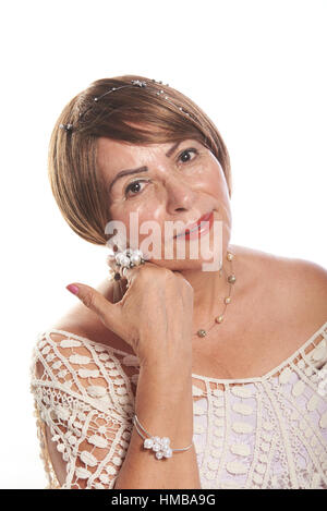 fancy mature lady posing on a white background Stock Photo