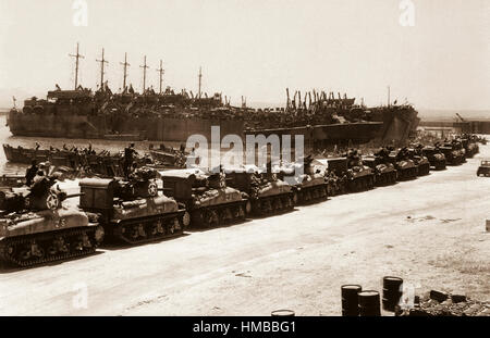 L.S.T.'s lined up and waiting for tanks to come aboard.  Two days before invasion of Sicily.  La Pecherie, French Naval Base. Tunisia, July 1943.  (OSS) Exact Date Shot Unknown NARA FILE #:  226-FPL-2665(A) WAR & CONFLICT BOOK #:  1022 Stock Photo