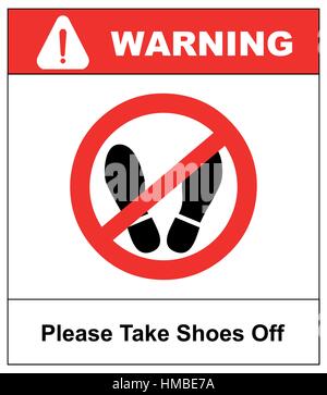 Please take shoes off. Do not step here please sign vector illustration. Red prohibition circle with silhouette of feet print isolated on white Stock Vector