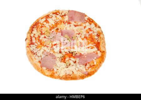 Uncooked ham and pineapple pizza isolated against white Stock Photo